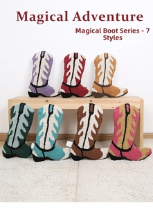 Detailed texture of colorful tufted boot-shaped pillows on a light wood bench