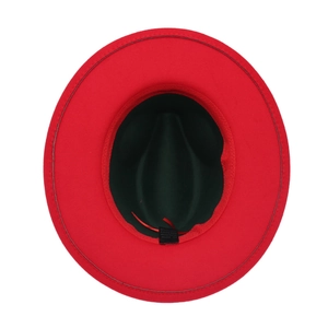 Inside view of red and green wide brim fedora showing 65% cotton 35% polyester label