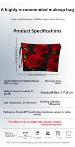 Detailed view of rose print linen cosmetic bag with 17x25cm dimensions and zipper