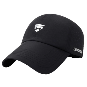 Black breathable baseball cap with extended brim and laser-cut vents for sun protection