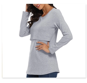 Side view of grey nursing top showing layered chest opening for easy breastfeeding