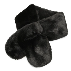 Elegant black faux fur scarf for women, featuring a thick, plush design and cross-over closure