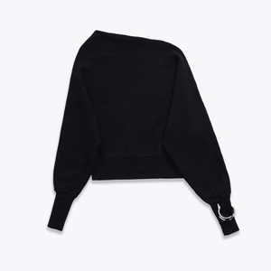 Detail of black slim-fit asymmetric knit top with silver metal ring on the left sleeve cuff