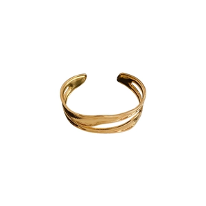 Irregular double-layer wavy gold open cuff bracelet with minimalist polished finish