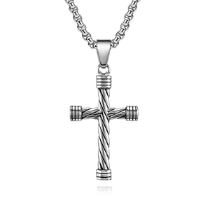 Twisted stainless steel cross pendant necklace with a textured silver finish for men