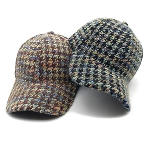 Houndstooth knit baseball cap in coffee and navy blue tweed for winter warmth