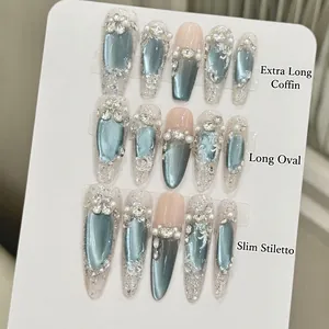 Unghie Finte Fatte A Mano Occhio Di Gatto Blu Ghiaccio Perla Artificial Strass Pizzo Floreale Lungo Bara Stiletto Ovale Lusso