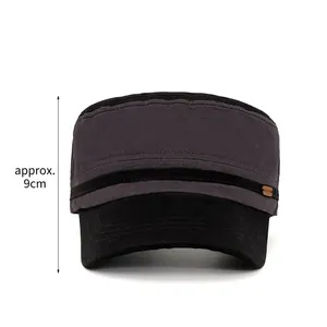 Men's casual cotton canvas military flat top hat with contrast color block and 9cm depth