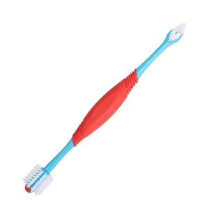 Red and blue double-headed pet toothbrush with long handle for dog and cat dental care