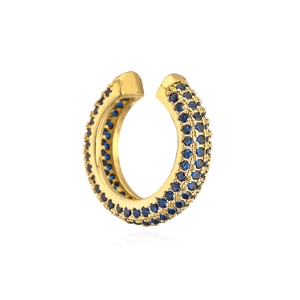 U-shaped gold plated ear cuff with pavé set blue cubic zirconia on white background