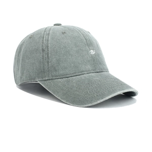 Close-up of the white embroidered letter R on a grey washed cotton baseball cap