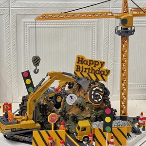 Construction vehicle cake topper set with excavator, crane and signs for boys birthday