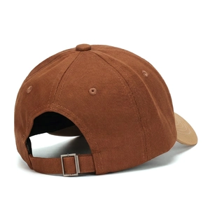 Detailed back view of caramel cotton kids baseball cap with adjustable metal buckle