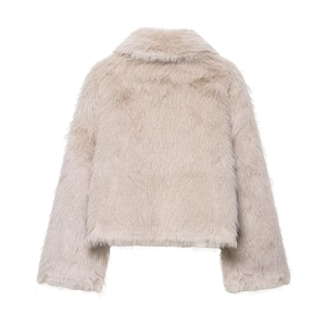 Back view of women's short faux fur jacket in beige with collar and long sleeves