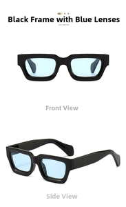 Detail view of vintage square sunglasses featuring black thick frames and light blue lenses