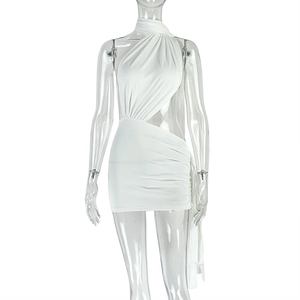 Detail of white bodycon dress featuring elegant draping and cutout halter design