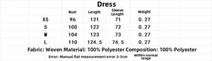 Size chart detail for printed loose maxi dress with bust and length measurements