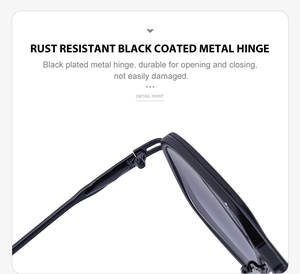 Detail showing the durable black metal hinge of the square sunglasses with rustproof coating