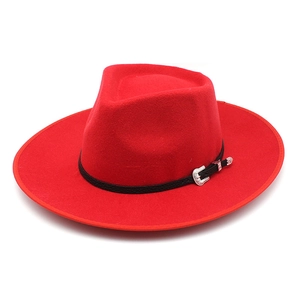 Classic red wool felt jazz fedora hat with black leather belt and vintage silver buckle