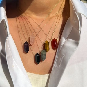 Natural Crystal Hexagonal Pillar Pendant Necklace Stainless Steel Chain Handmade Geometric Jewelry For Women