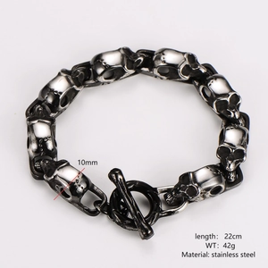 Punk style stainless steel skull bracelet with OT buckle in antique silver finish