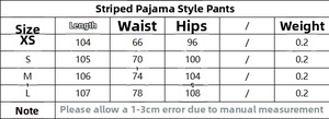 Guide des tailles pour pantalon de pyjama à rayures avec mesures de longueur et de taille