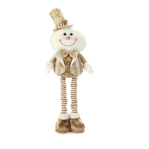 Detail view of a Christmas snowman plush with golden sequins, tall hat, and striped legs