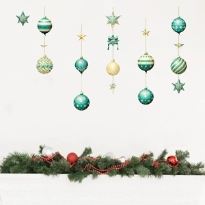 Christmas wall decals with blue and gold baubles and stars above a green pine wreath