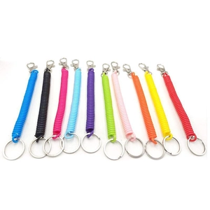 Set of 10 colorful plastic spring coil keychains with metal snap hooks and rings