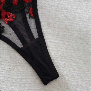 Detail of floral lace embroidery and sheer mesh fabric on black lingerie set