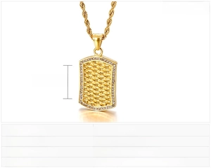Detail view of gold stainless steel military pendant with wheat pattern and crystals
