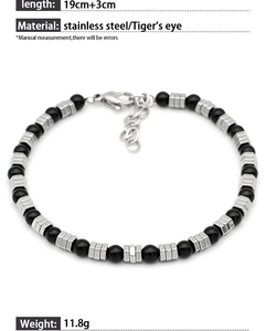 Detail shot of tiger eye beaded bracelet with stainless steel nuts and 19+3cm length size