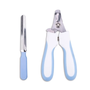 Blue stainless steel pet nail clippers and file set for cats and dogs on white background