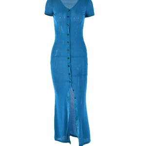 Elegant blue V-neck short sleeve maxi dress with buttons and sheer slit hem detail