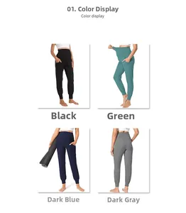 Detail view of high-waist maternity yoga pants in four colors with functional side pockets
