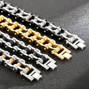 Detail of bicycle chain style bracelets in gold, black, silver, and bronze steel finishes