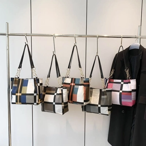 Borse tote in tela a quadri bicolore con spalline in PU in cinque varianti di colore