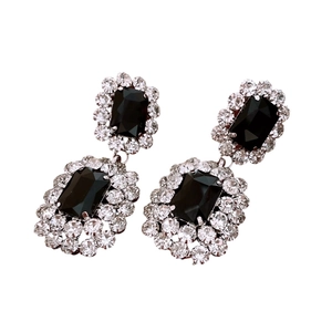 French vintage square earrings with black gemstone and crystal halo in silver-tone setting
