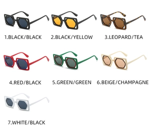 Detailed grid showing square hollow frame sunglasses in seven trendy color combinations