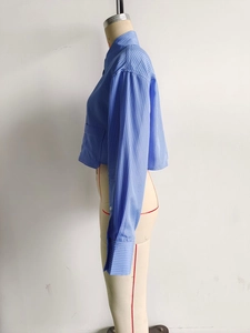 Detail of cropped blue and white vertical striped long sleeve shirt on a mannequin