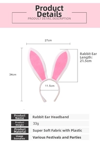 Detailed size chart for pink Easter bunny ears headband showing 34x27cm dimensions