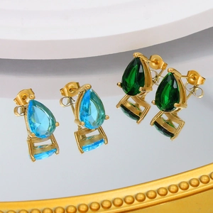 Elegant 18K gold-plated teardrop stud earrings with blue and green zircon stones