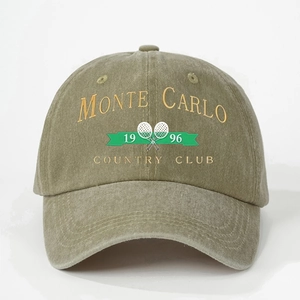Close-up of vintage Monte Carlo 1996 embroidery on washed cotton baseball cap