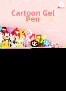 Detail showing various cute silicone animal and fruit toppers on colorful cartoon pens