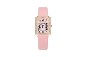 Detail of square rose gold watch with crystal bezel and pink leather strap