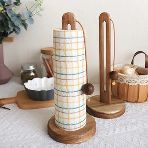 Vertical solid wood kitchen paper towel holder with round base for countertop organization