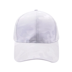 Close-up of white and light grey camouflage jacquard texture on breathable baseball cap