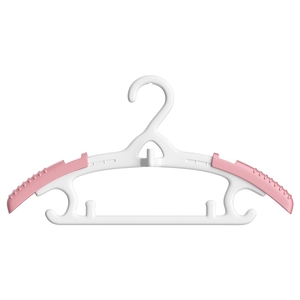 Adjustable kids plastic clothes hanger in white and pink with non-slip wide shoulders