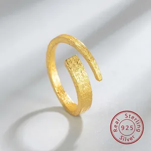 Minimalist 925 Sterling Silver Open Ring For Women Ins Style Frosted Bark Texture Irregular Geometric Electroplated Finger Ring Jewelry