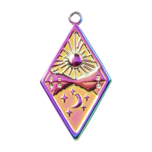 Macro shot of 304 stainless steel diamond pendant with rainbow moon and sun texture